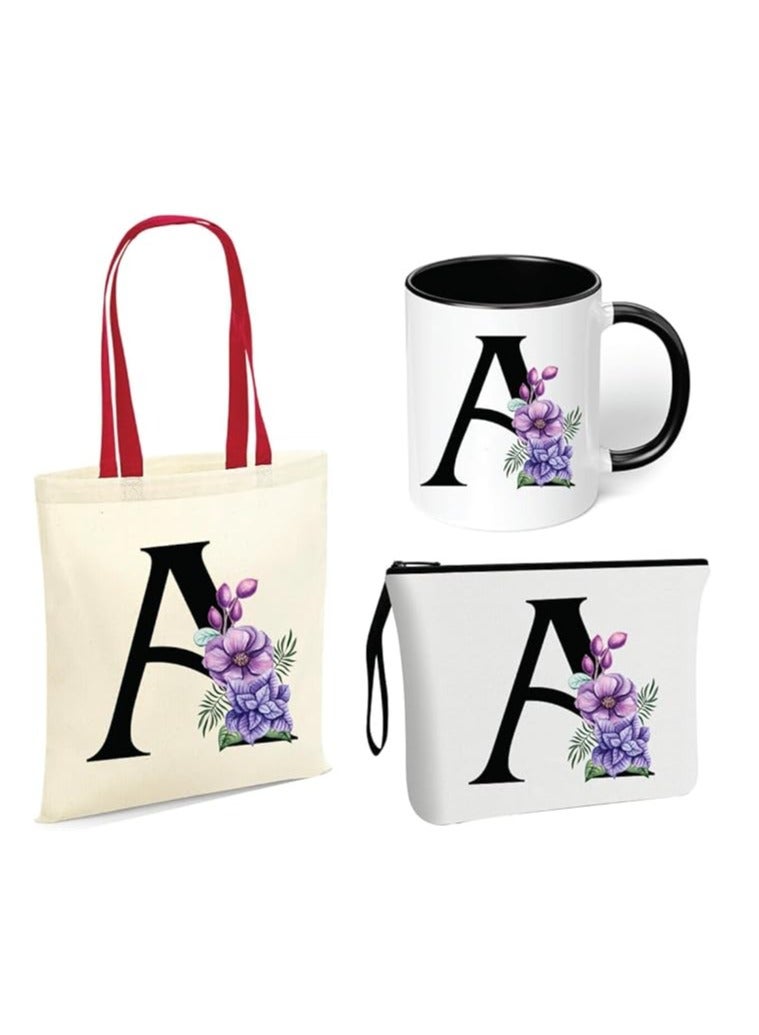 Initial Letters Canvas Cotton Tote Bag With Red Handle and Cosmetic pouch for girls - Mug gifts - Pack of 3 Combo set -Giftset for wedding - Gifts for girls - Gift for friends