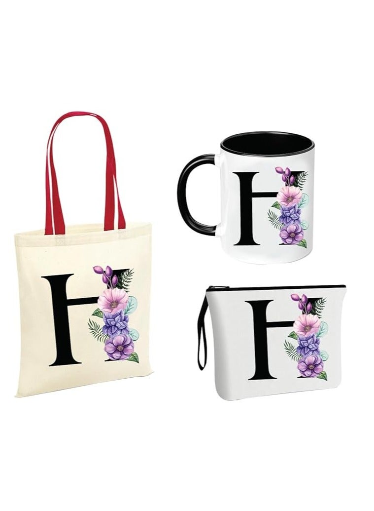 Initial Letters Canvas Cotton Tote Bag With Red Handle and Cosmetic pouch for girls - Mug gifts - Pack of 3 Combo set -Giftset for wedding - Gifts for girls - Gift for friends