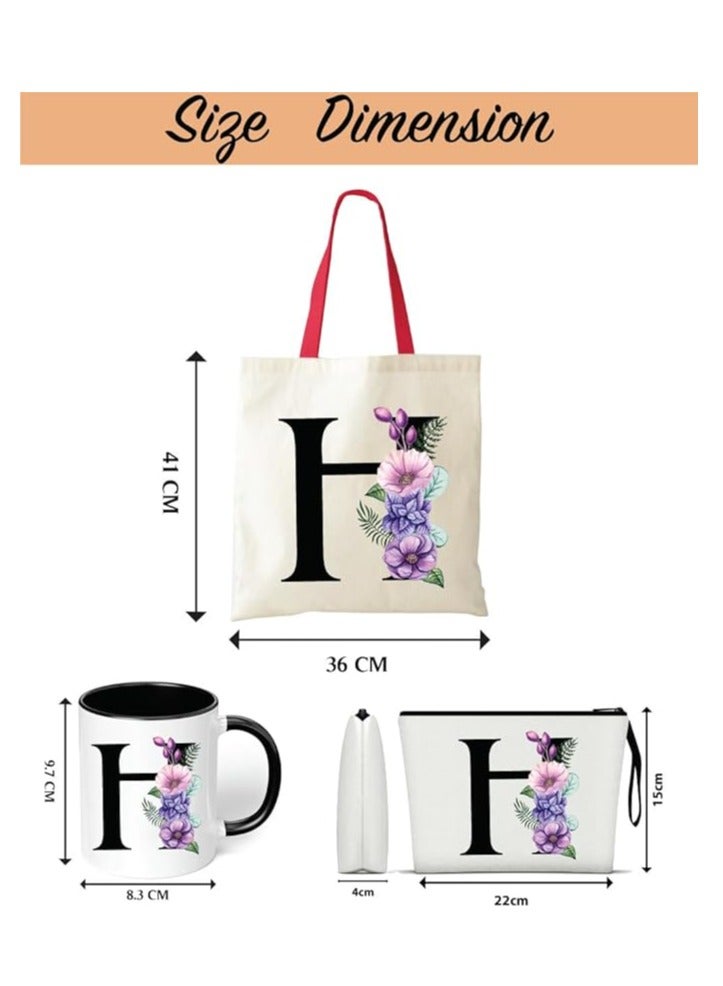 Initial Letters Canvas Cotton Tote Bag With Red Handle and Cosmetic pouch for girls - Mug gifts - Pack of 3 Combo set -Giftset for wedding - Gifts for girls - Gift for friends