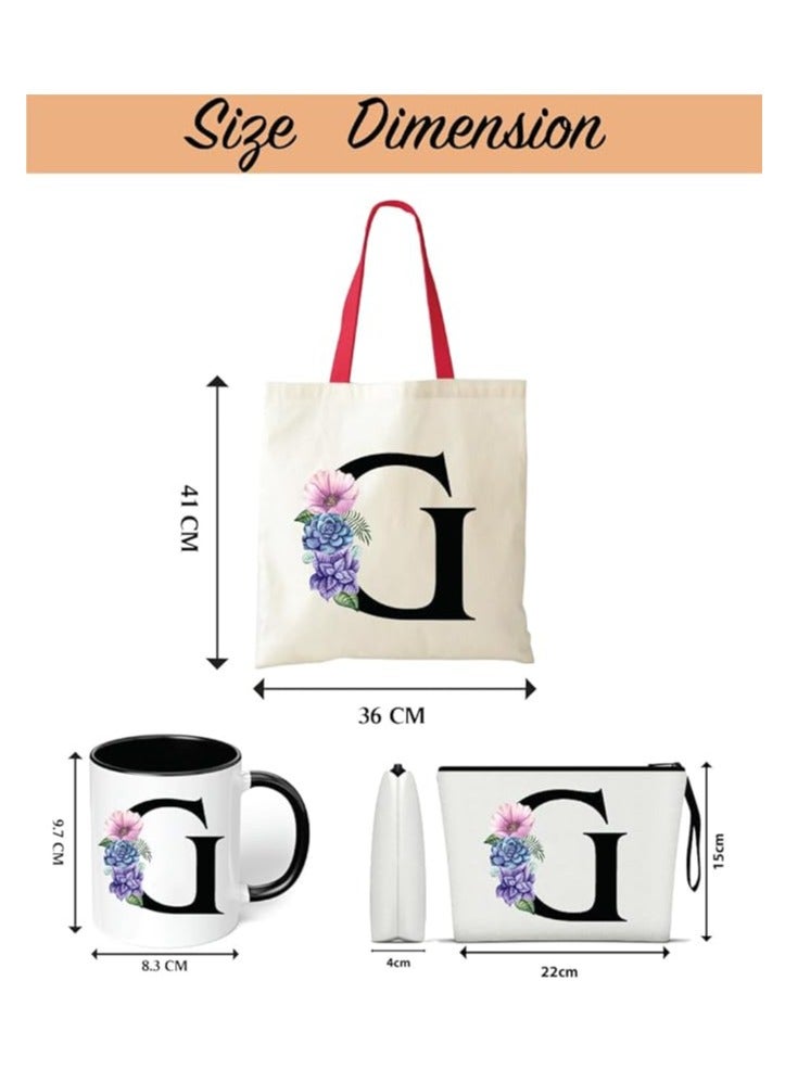 Initial Letters Canvas Cotton Tote Bag With Red Handle and Cosmetic pouch for girls - Mug gifts - Pack of 3 Combo set -Giftset for wedding - Gifts for girls - Gift for friends