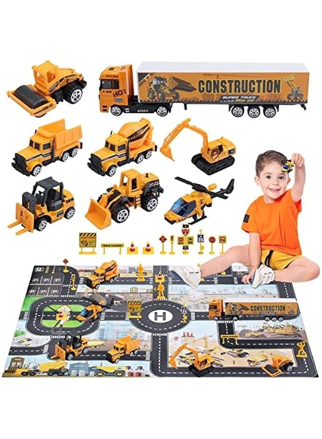 Construction Trucks Toy, Vehicle Set 8 Mini Carts with Carpet Kids and Traffic Signs, Car Gift Indoor Outdoor for Girls Boys 4 5 6 Years Old