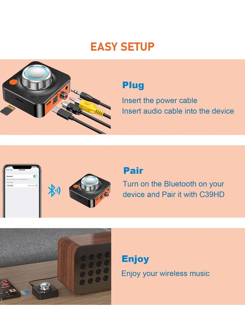 Suntown Bluetooth Audio Receiver Adapter, Bluetooth 5.1 Audio Receiver Adapter, 3D Surround Stereo Audio Receiver for Sound System/Phones/Tablets/Headphone, Low Latency Bluetooth Audio Adapter Receiver