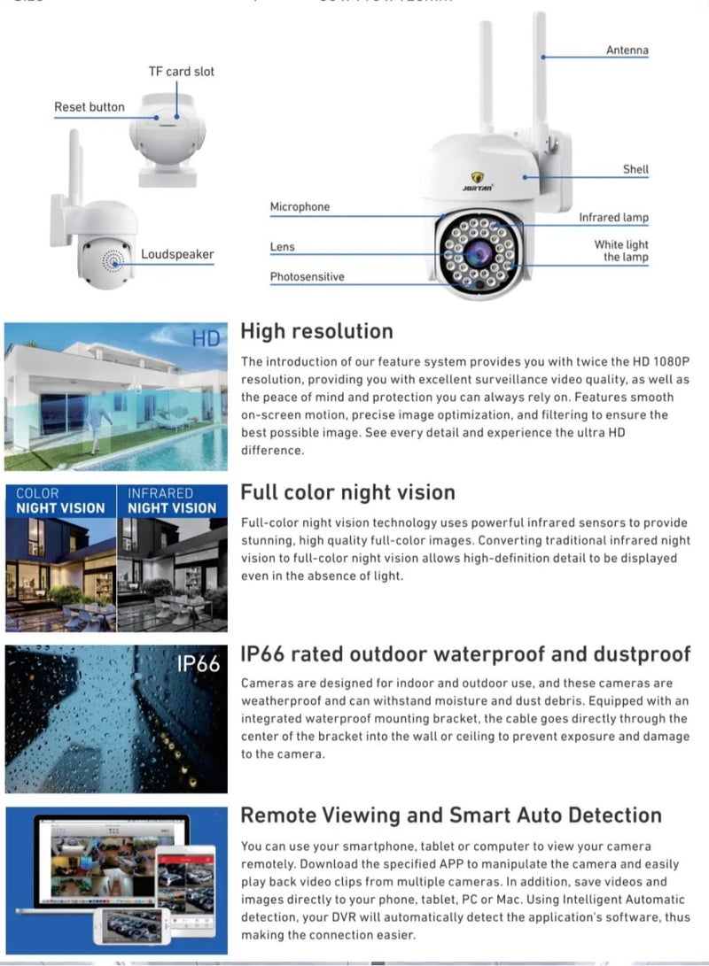 Jortan Indoor Outdoor Wi-Fi PTZ Camera, 3MP, IR Night Vision, 2 way Voice, Motion Detection, Bright LED, HD Picture