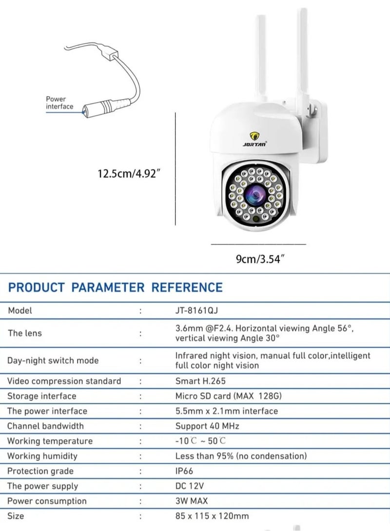 Jortan Indoor Outdoor Wi-Fi PTZ Camera, 3MP, IR Night Vision, 2 way Voice, Motion Detection, Bright LED, HD Picture