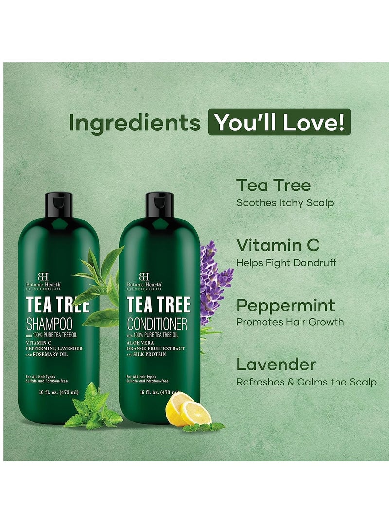 Botanic Hearth Tea Tree Shampoo and Conditioner Set - with 100% Pure Tea Tree Oil, for Itchy and Dry Scalp, Sulfate/ Paraben Free - for Men and Women - 16 fl oz each