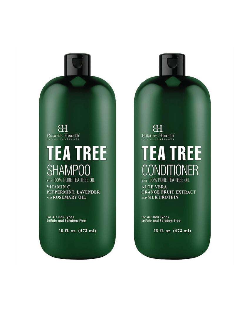 Botanic Hearth Shampoo and Conditioner Set - with 100% Pure Tea Tree Oil, for Itchy and Dry Scalp, Sulfate/Paraben Free - for Men and Women - 16 fl oz each