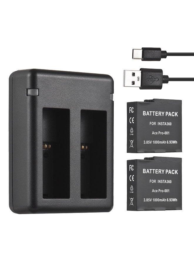Sports Camera Battery & Charger Kit Including Dual-slot Battery Charger + 2pcs 1800mAh Batteries + 2 Battery Storage Box with Card Slot Compatible with Insta360 Ace/Ace Pro Cameras