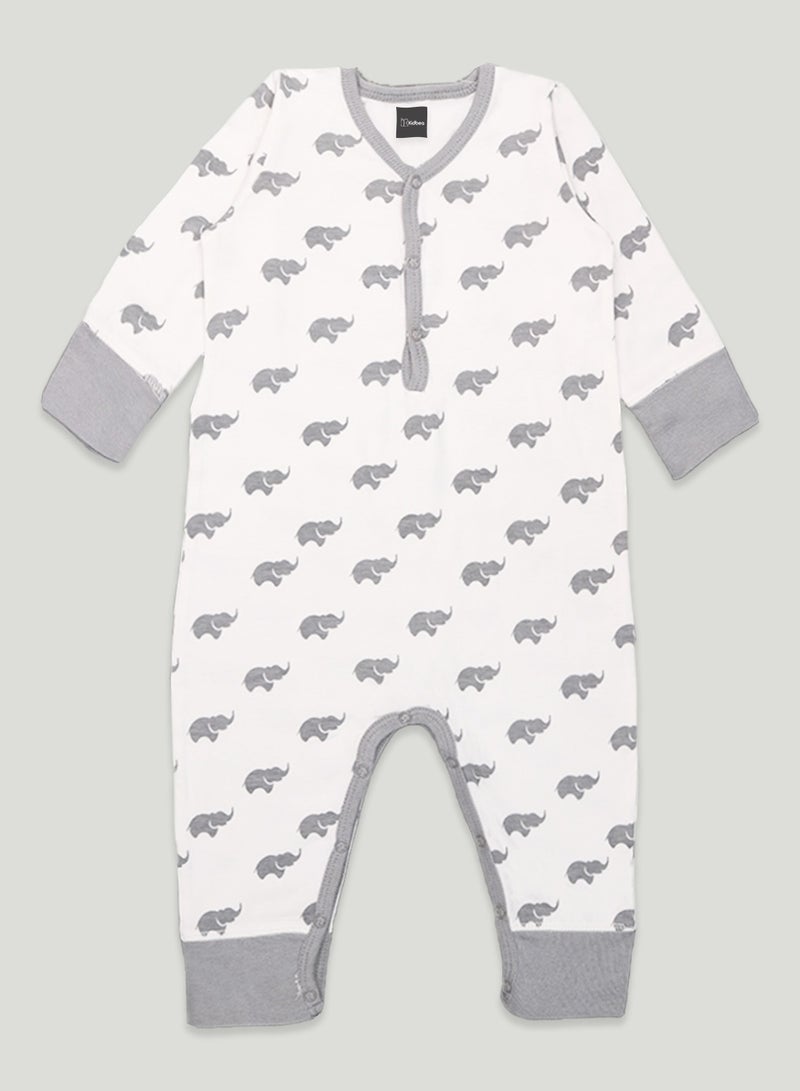 Kidbea  Organic Cotton fabric full sleeves & half buttons romper | Elephant | Grey