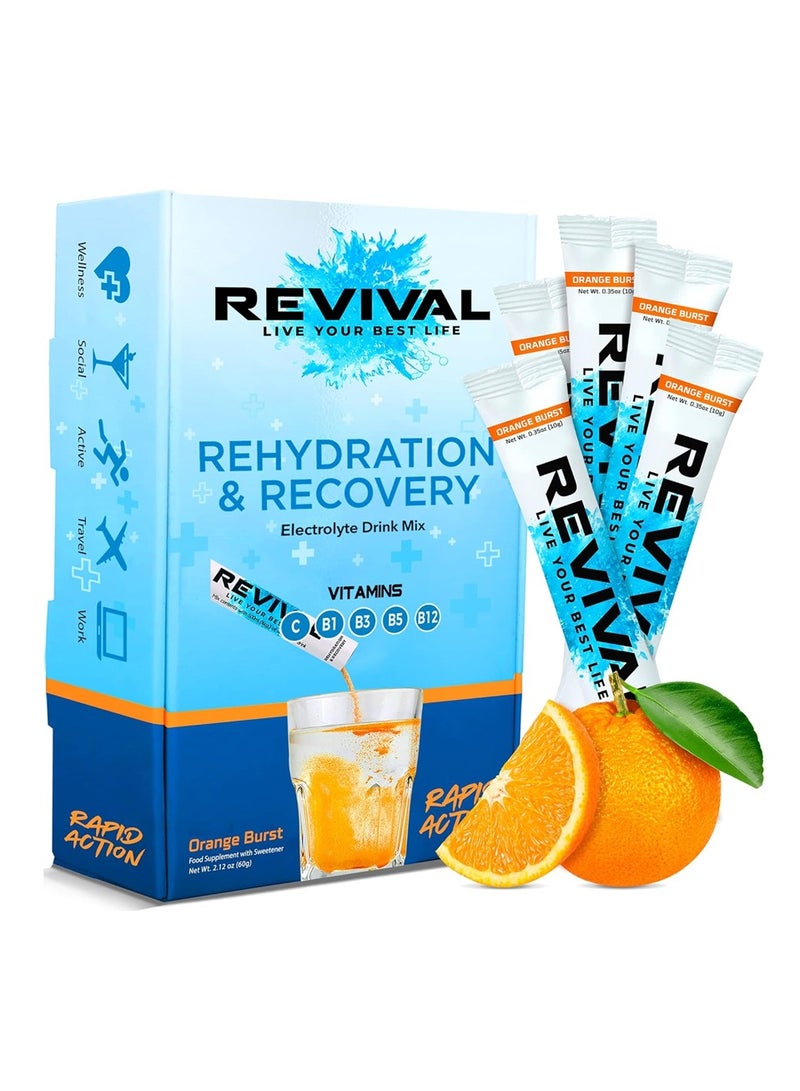 Revival Rapid Rehydration Electrolytes Powder - High Strength Vitamin C, B1, B3, B5, B12 Supplement Sachet Drink orange burst 10 gm/stick