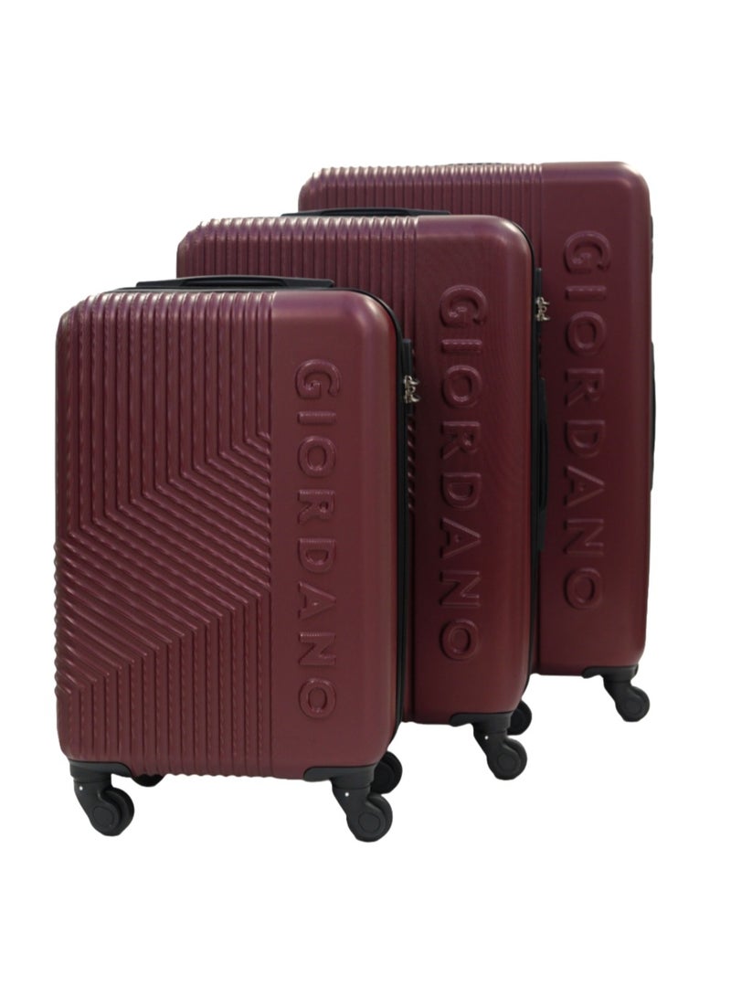 GIORDANO Logo Series Luggage Set Maroon, 3 Piece ABS Hard Shell Lightweight Durable 4 Wheels Suitcase Trolley Bag With Secure 3 Digits Number Lock. (20/24/28 INCH )