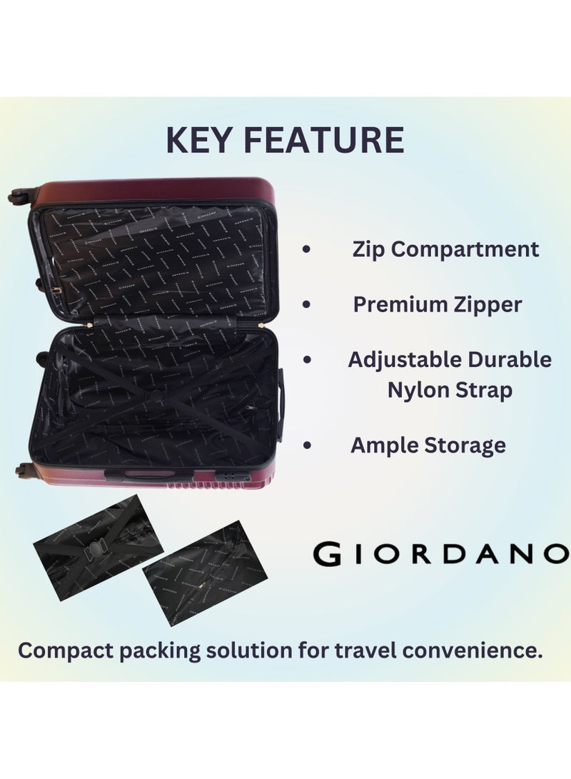 GIORDANO Logo Series Check-In Medium Suitcase Maroon, ABS Hard Shell Lightweight Durable 4 Wheels Luggage Trolley Bag 24