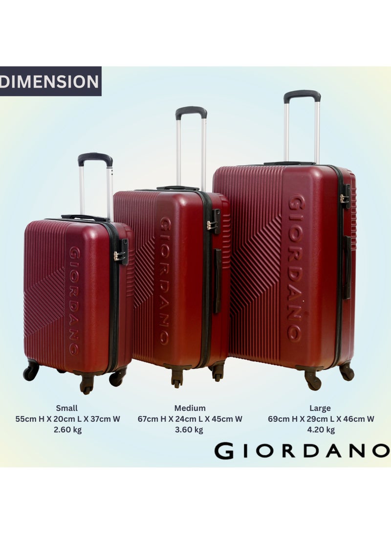 GIORDANO Logo Series Check-In Medium Suitcase Maroon, ABS Hard Shell Lightweight Durable 4 Wheels Luggage Trolley Bag 24