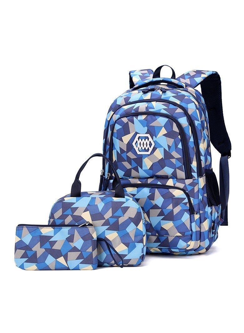 Set Of 3 Printed Nylon Backpack Large Capacity Schoolbag and Shoulder Bag and Pencil Case for Kids/Girls Blue