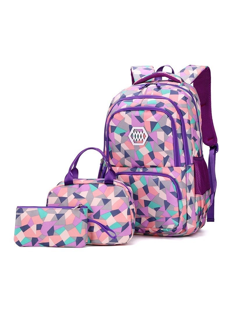 Set Of 3 Printed Nylon Backpack Large Capacity Schoolbag and Shoulder Bag and Pencil Case for Kids/Girls Purple