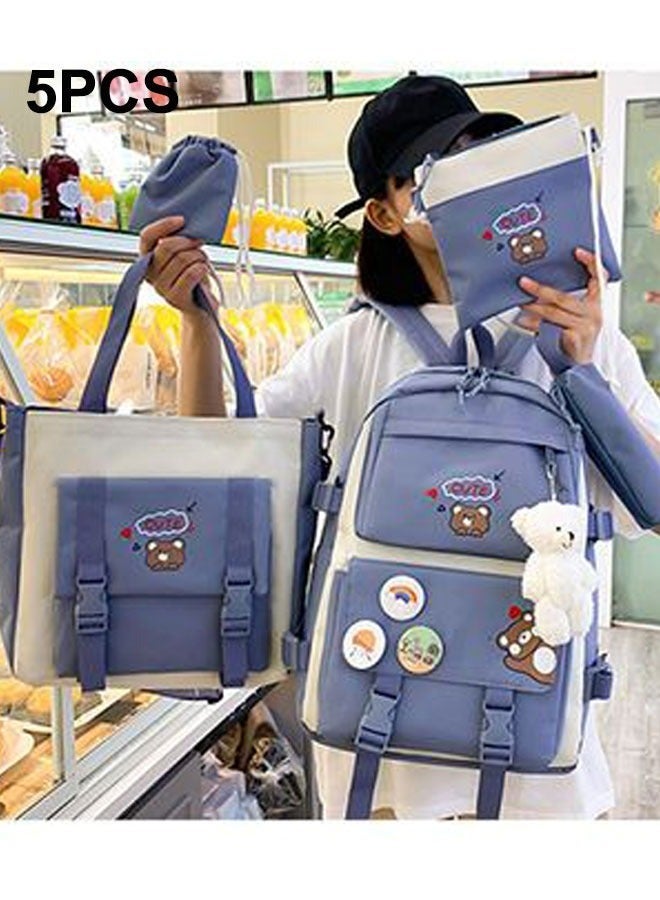 5pcs School Bags Set Kawaii Backpacks with Pendant Lunch Bag, Pencil Case, Handbag, Coin Purse for Teen Girls School Backpack