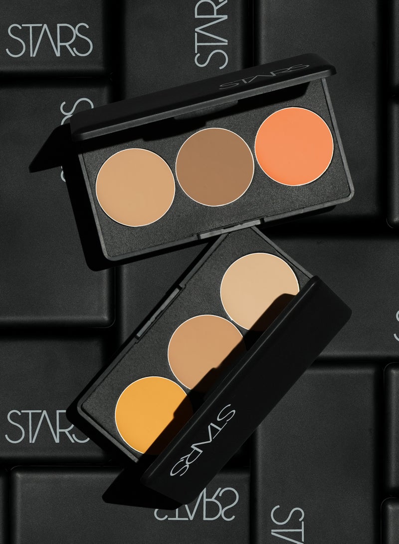 Stars Cosmetic 3 Colors No.2 Medium, Dark, Orange Corrector/ Concealer Palette For Under Eye Dark Circles, Correct Imperfections, Acne And Blemishes