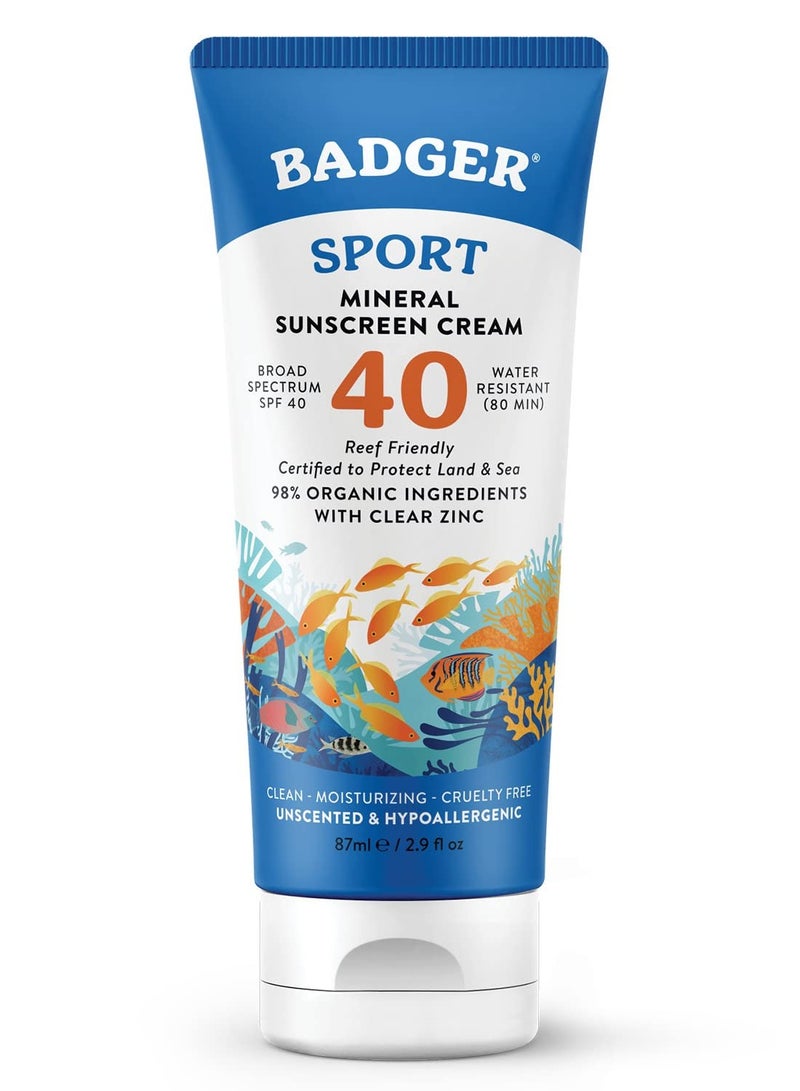 Badger Reef Safe Sunscreen, SPF 40 Sport Mineral Sunscreen, 98% Organic Sunscreen Ingredients, Broad Spectrum, Water Resistant, Zinc Oxide Sunscreen, Unscented, 2.9 fl oz