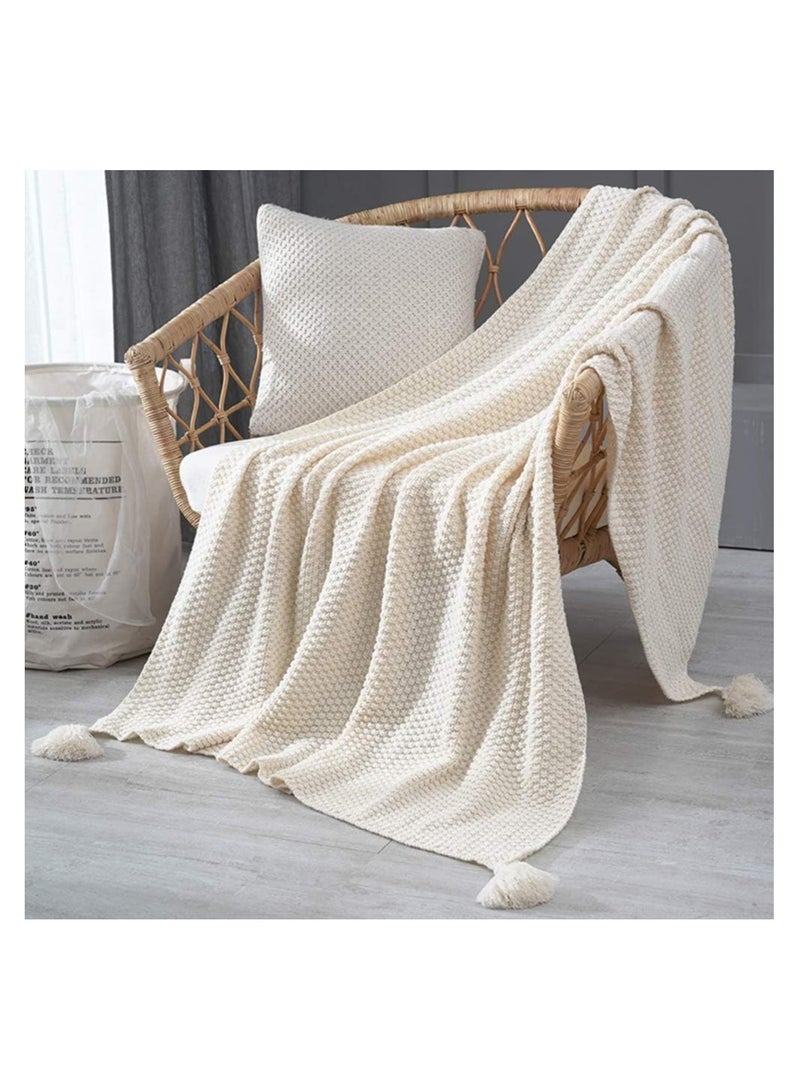 Knitted Sofa Bed Throw Blanket, Cotton Bedspread Blanket Super Soft Cozy Warm Throw for Couch Chair Bed-beige 110x150cm(43x59inch)