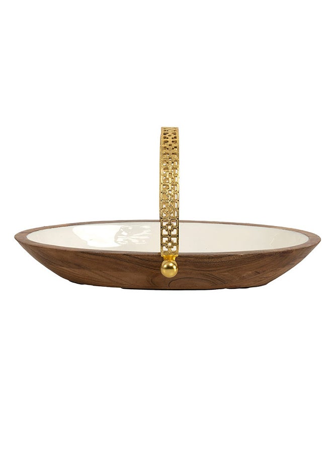 Damask Wooden Oval Bowl, White & Gold - 38x18 cm