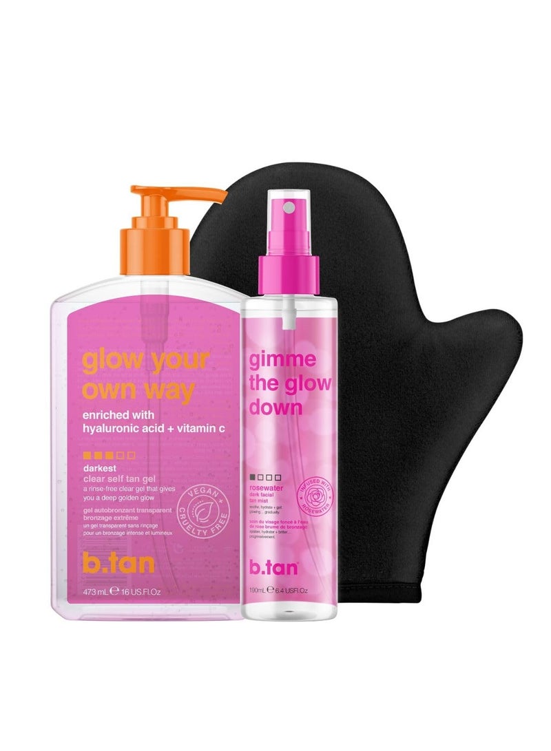 b.tan Clear Self Tan Gel & Face Mist Kit | Glow Your Own Way + Mist Bundle - Transfer-Resistant Self Tanning Gel with Gradual Self Tan Face Mist, with Body Mitt Applicator