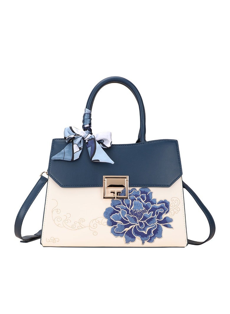 Chinese Style Embroidered Flower Gorgeous Premium Leather Tote Bag