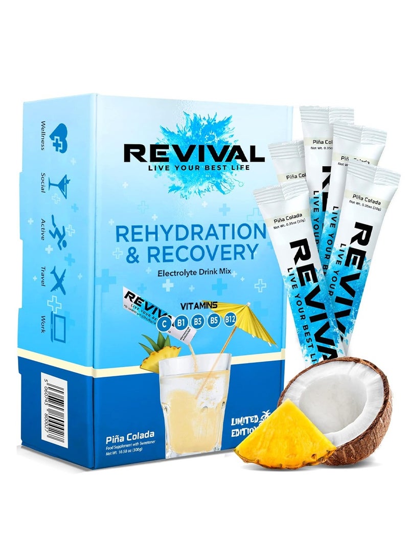 Revival Rapid Rehydration, Electrolytes Powder - High Strength Vitamin C, B1, B3, B5, B12 Supplement Sachet Drink 10/stick   Pina Colada