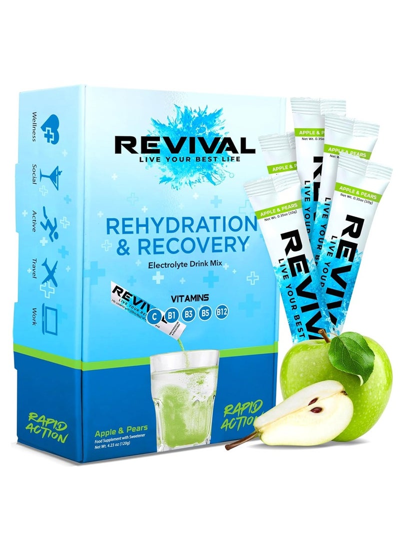 Revival Rapid Rehydration, Electrolytes Powder - High Strength Vitamin C, B1, B3, B5, B12 Supplement Sachet Drink 10 gm/stick apple and pear