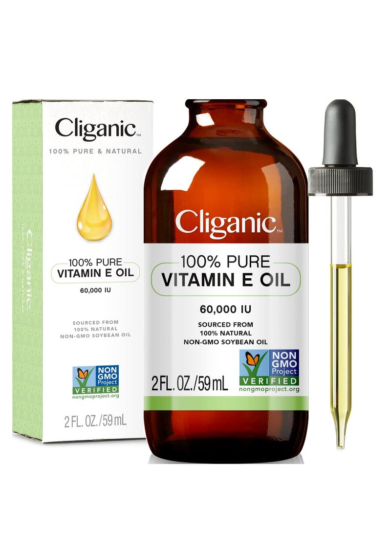 Cliganic 100% Pure Vitamin E Oil for Skin, Hair & Face - 60,000 IU, Non-GMO Verified | Natural D-Alpha Tocopherol