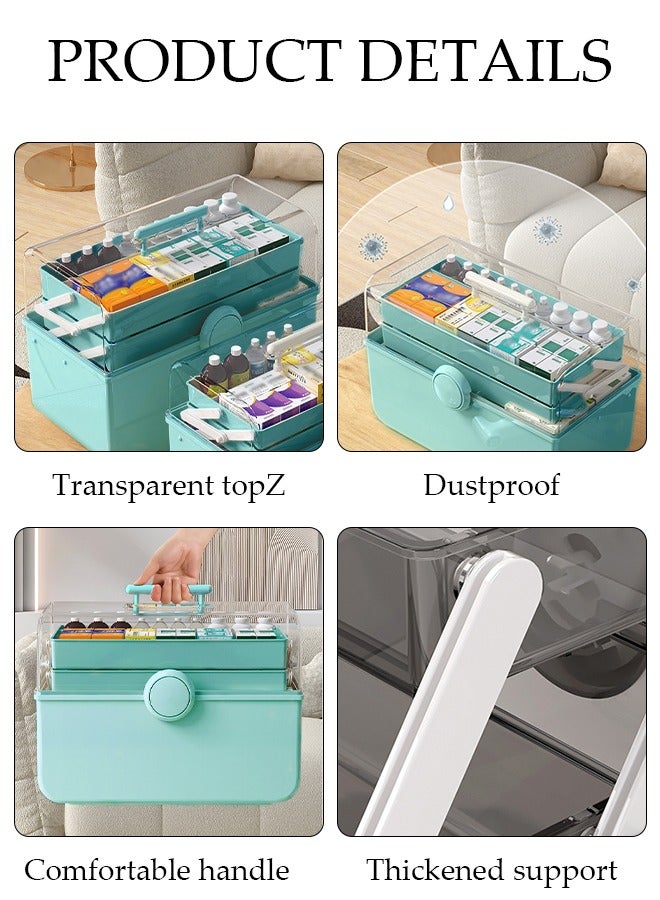 Medicine Box Plastic Medicine Storage Box Family Emergency Kit Medical Kit 3 Layers Home First Aid Box Child Proof Medicine Box Organizer Pill Case with Compartments and Handle