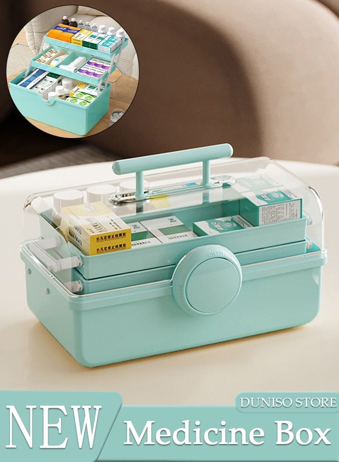Medicine Box Plastic Medicine Storage Box Family Emergency Kit Medical Kit 3 Layers Home First Aid Box Child Proof Medicine Box Organizer Pill Case with Compartments and Handle