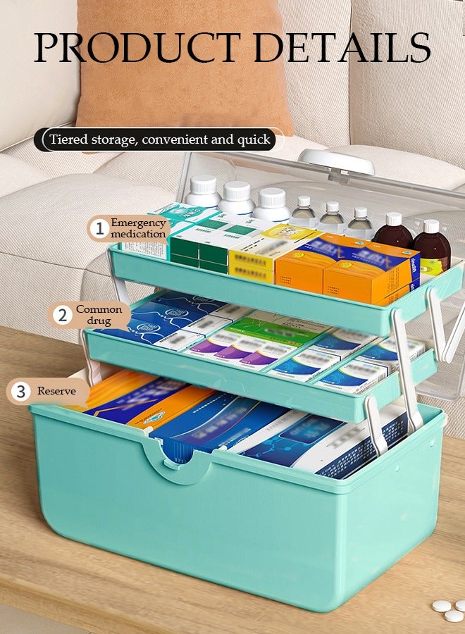 Medicine Box Plastic Medicine Storage Box Family Emergency Kit Medical Kit 3 Layers Home First Aid Box Child Proof Medicine Box Organizer Pill Case with Compartments and Handle