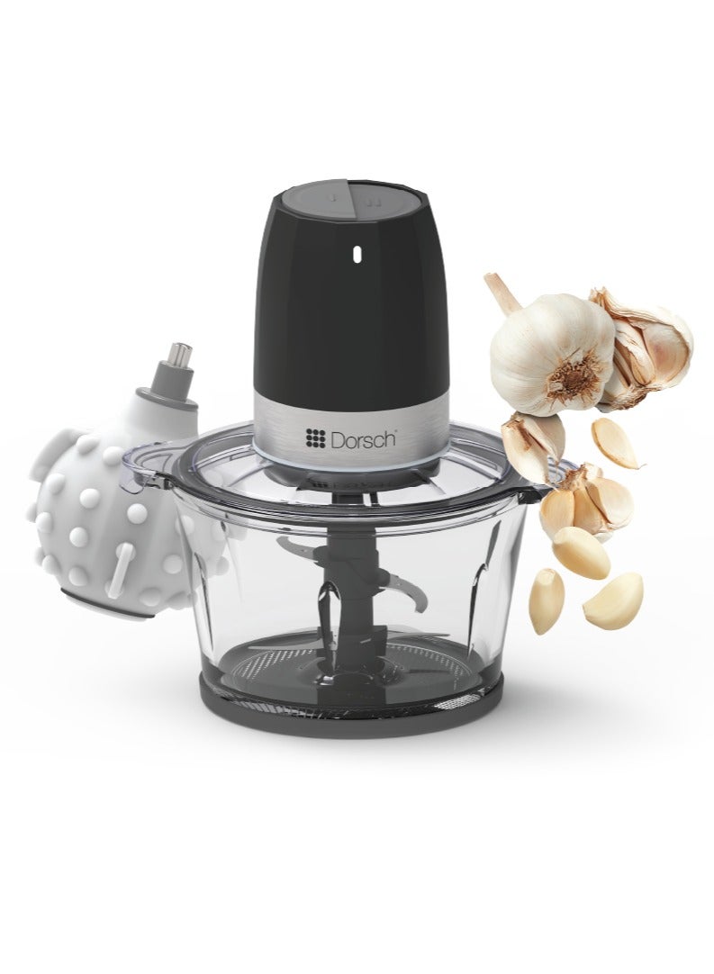 Dorschhome Chopper - 300W Electric Food Processor with Stainless Steel Blades, 2L Capacity, and One-Touch Control - Includes Garlic Peeler & 2 Years Warranty