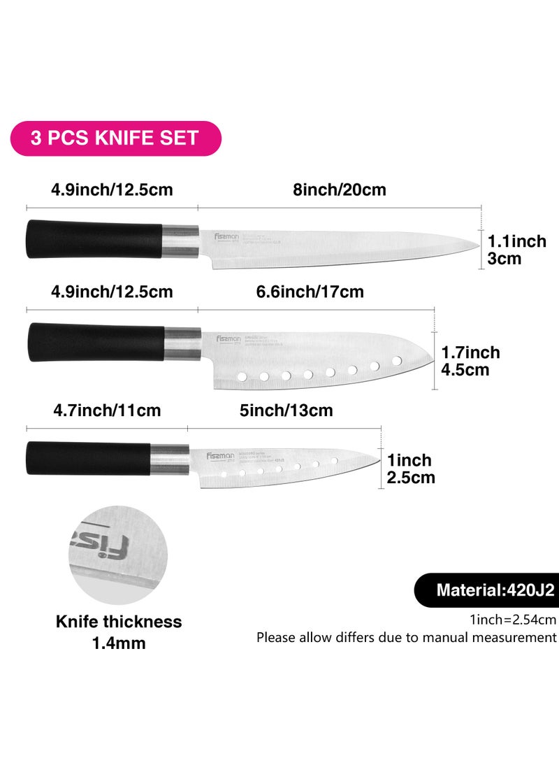 Fissman 3-Piece Knife Set Minamino Series, Slicing Knife 20cm, Santuko Knife 17cm, Utility Knife 13cm, Japanese 420J2 Stainless Steel, Double Sided Blade, with ABS Durable Handle, Lightweight