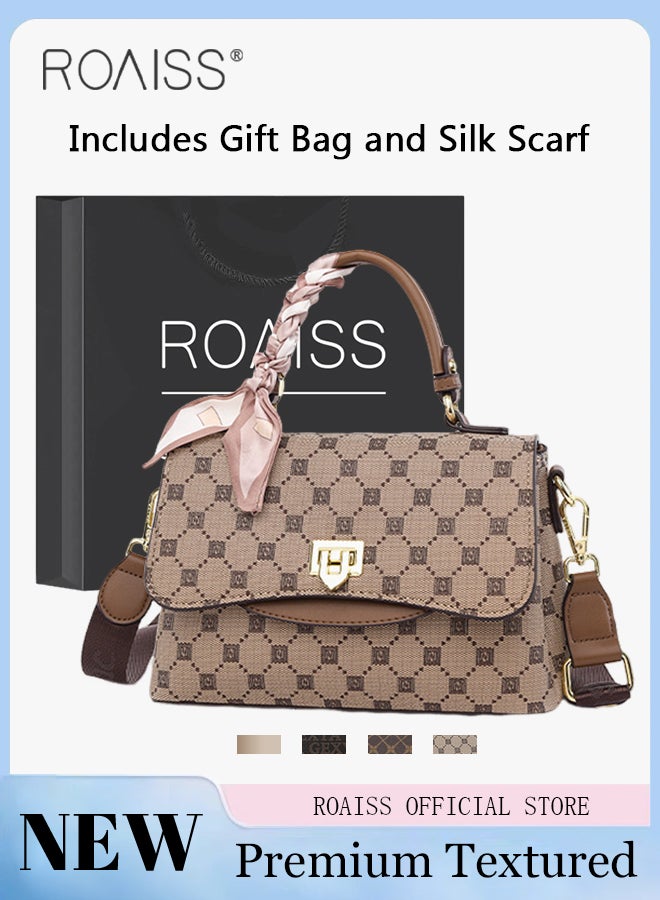 Premium Textured Satchel Handbag for Women Exquisite Elegant Ladies Shoulder Crossbody Bags with Silk Scarf and Gift Bag Gifts for Mom Wife Bridal Suitable For Leisure Birthday Gift or Ramadan