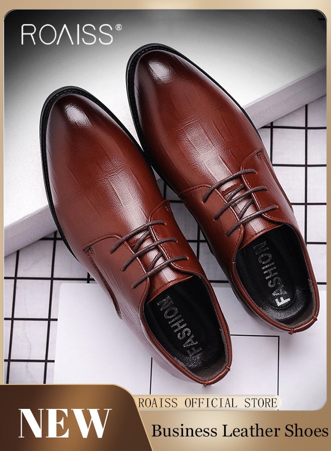 Business Formal Leather Shoes for Men Lightweight and Non Slip Pointed Patent Leather Shoes for Office Wedding Business Trip Casual Soft and Breathable Men's Lace up Leather Shoes for Bridegroom