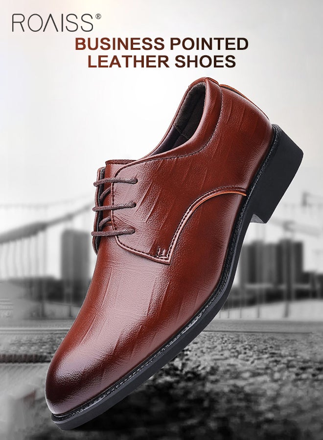 Business Formal Leather Shoes for Men Lightweight and Non Slip Pointed Patent Leather Shoes for Office Wedding Business Trip Casual Soft and Breathable Men's Lace up Leather Shoes for Bridegroom