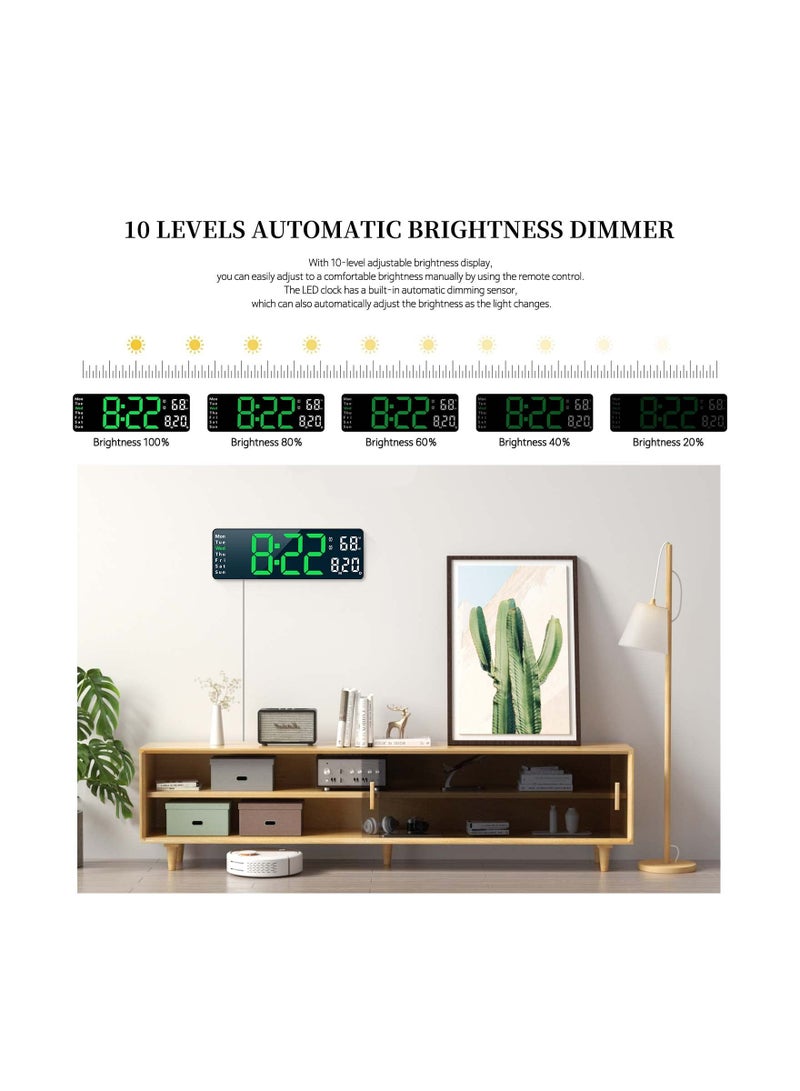 Digital Wall Clock, Modern Digital Clock Desk Alarm Clock Chic Digital Clock for Bedroom, Large Wall Clock with Remote Control, Automatic Brightness Dimmer LED Clock with Date Temperature Week