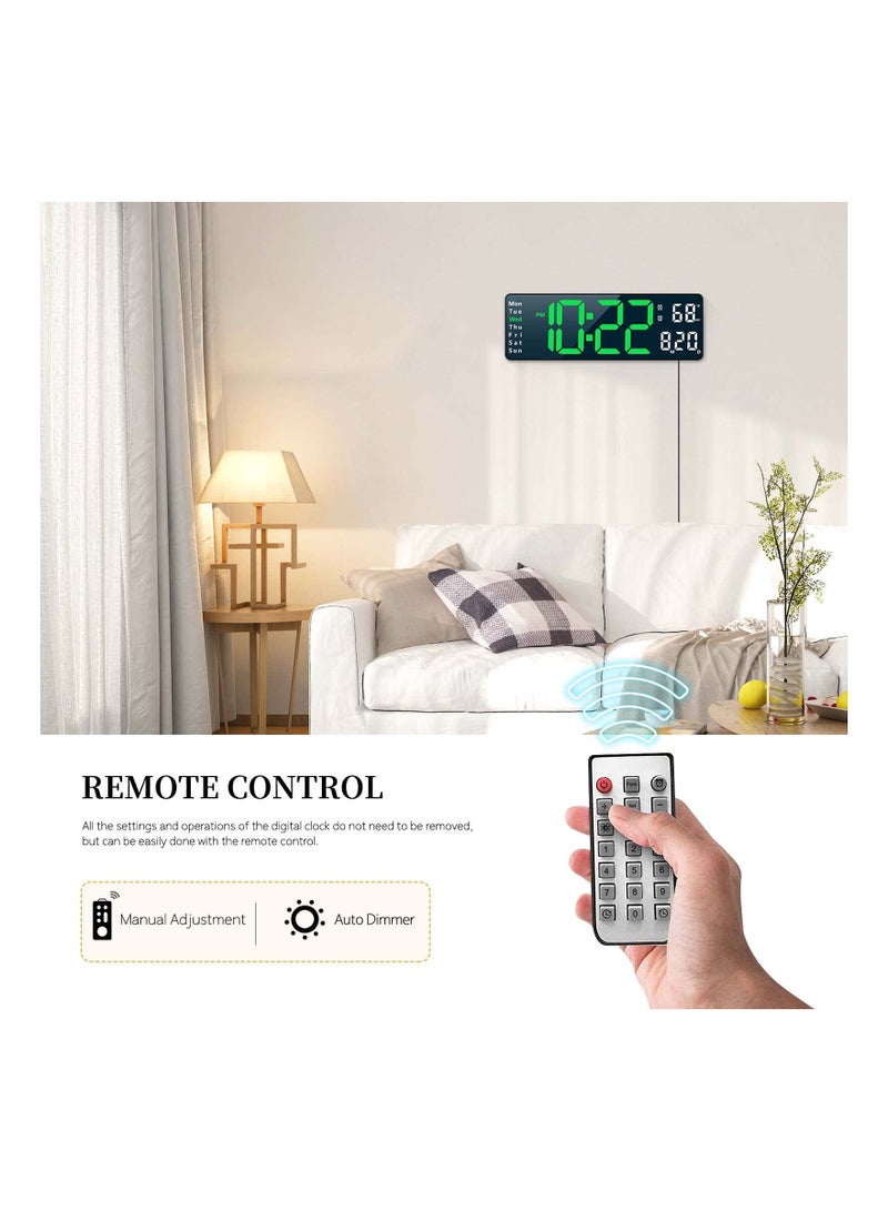 Digital Wall Clock, Modern Digital Clock Desk Alarm Clock Chic Digital Clock for Bedroom, Large Wall Clock with Remote Control, Automatic Brightness Dimmer LED Clock with Date Temperature Week