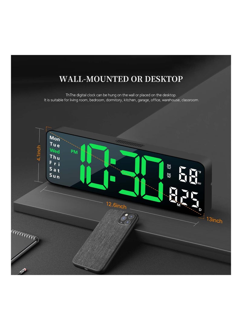 Digital Wall Clock, Modern Digital Clock Desk Alarm Clock Chic Digital Clock for Bedroom, Large Wall Clock with Remote Control, Automatic Brightness Dimmer LED Clock with Date Temperature Week