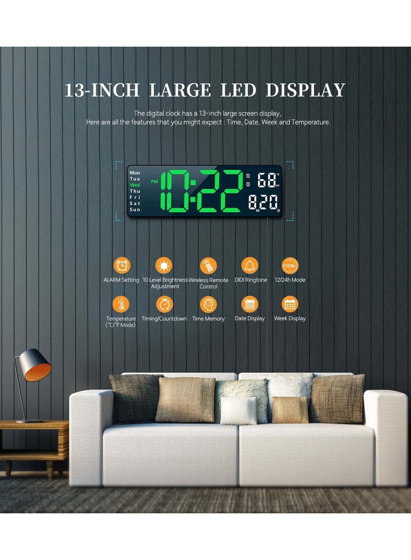Digital Wall Clock, Modern Digital Clock Desk Alarm Clock Chic Digital Clock for Bedroom, Large Wall Clock with Remote Control, Automatic Brightness Dimmer LED Clock with Date Temperature Week