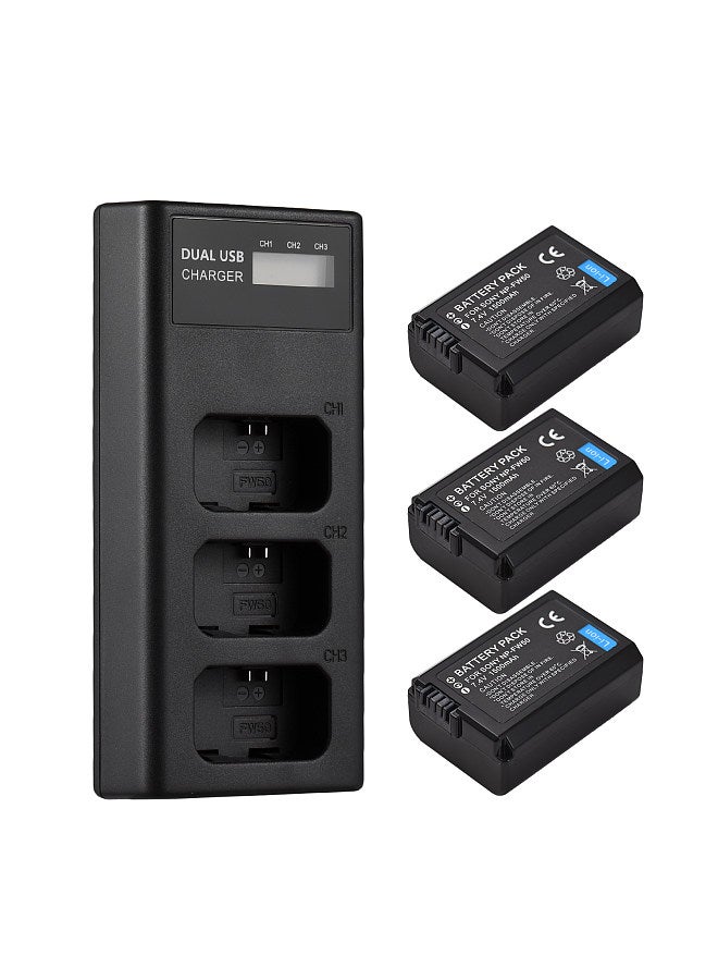 NP-FW50 Battery Charger 3-Slot Charger with LED Indicators Micro USB & Type C Port + 3pcs NP-FW50 Batteries 7.4V 1500mAh