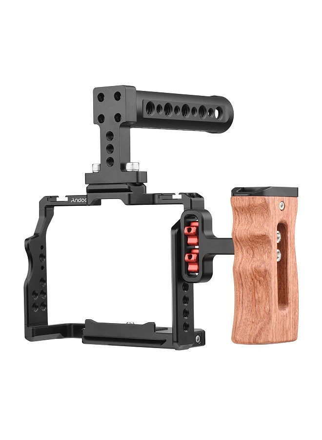 Camera Video Cage + Top Handle + Side Wooden Grip Kit Aluminum Alloy with Dual Cold Shoe Mounts Numerous 1/4 Inch Threads Replacement for Sony A7IV/ A7III/ A7II/ A7R III/ A7R II/ A7S II