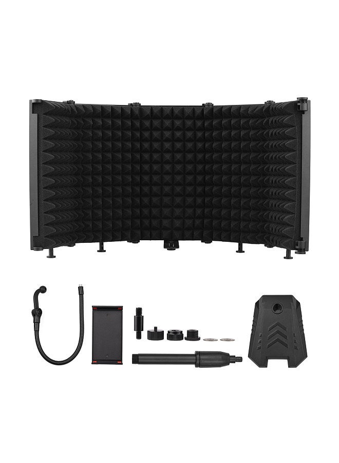 Foldable Microphone Isolation Screen5-Panel Mic Sound Absorbing Foam Reflector with 3/8 Inch & 5/8 Inch Mic Threaded Mount Desktop Stand Smartphone Tablet Clip