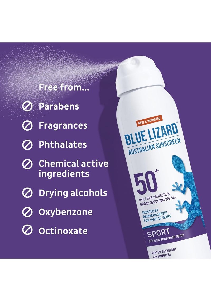 Blue Lizard Sport Mineral Sunscreen Spray SPF 50+, Dermatologist-Recommended Brand, Broad-Spectrum UVA/UVB Protection, Water-Resistant, Zinc Oxide Formula, Vegan, 5 fl oz