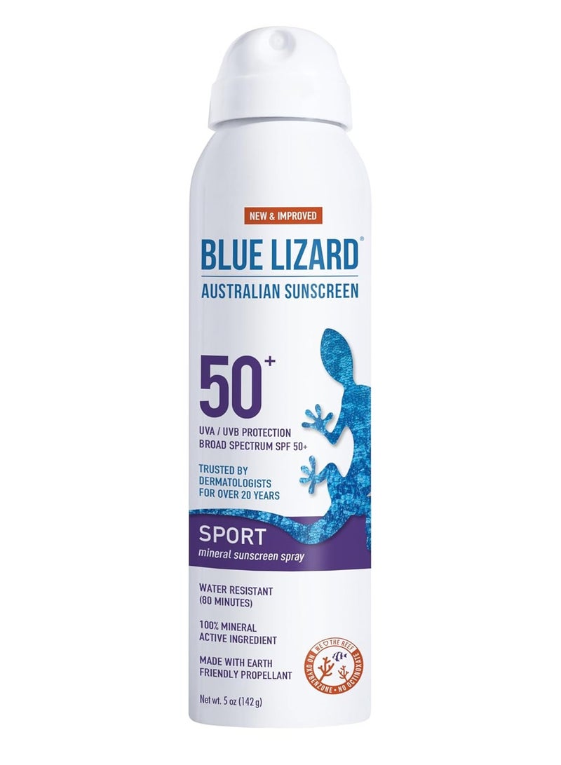Blue Lizard Sport Mineral Sunscreen Spray SPF 50+, Dermatologist-Recommended Brand, Broad-Spectrum UVA/UVB Protection, Water-Resistant, Zinc Oxide Formula, Vegan, 5 fl oz