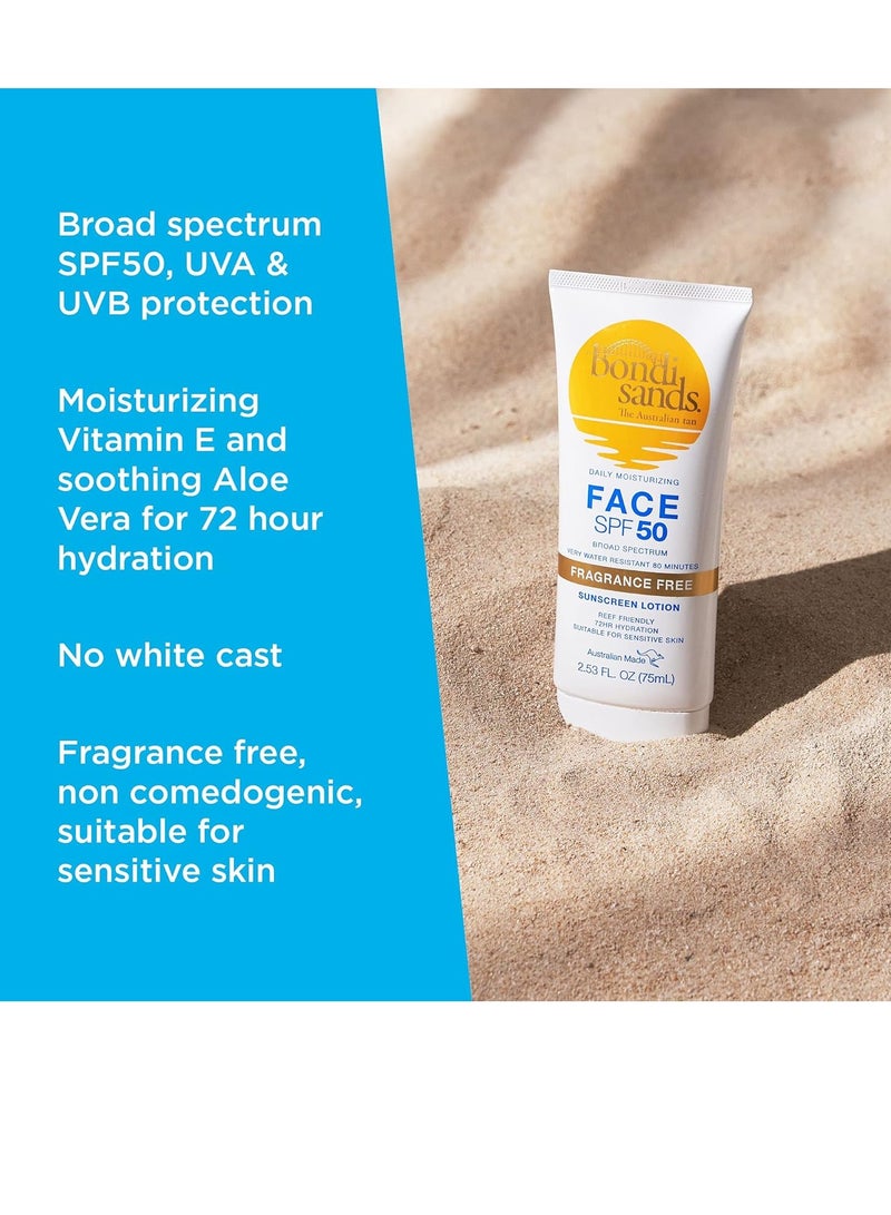 Bondi Sands Fragrance Free Daily Sunscreen Face Lotion SPF 50 | Hydrating UVA + UVB Protection, Non-Greasy, Gentle, Water Resistant | 2.53 Oz/75 mL