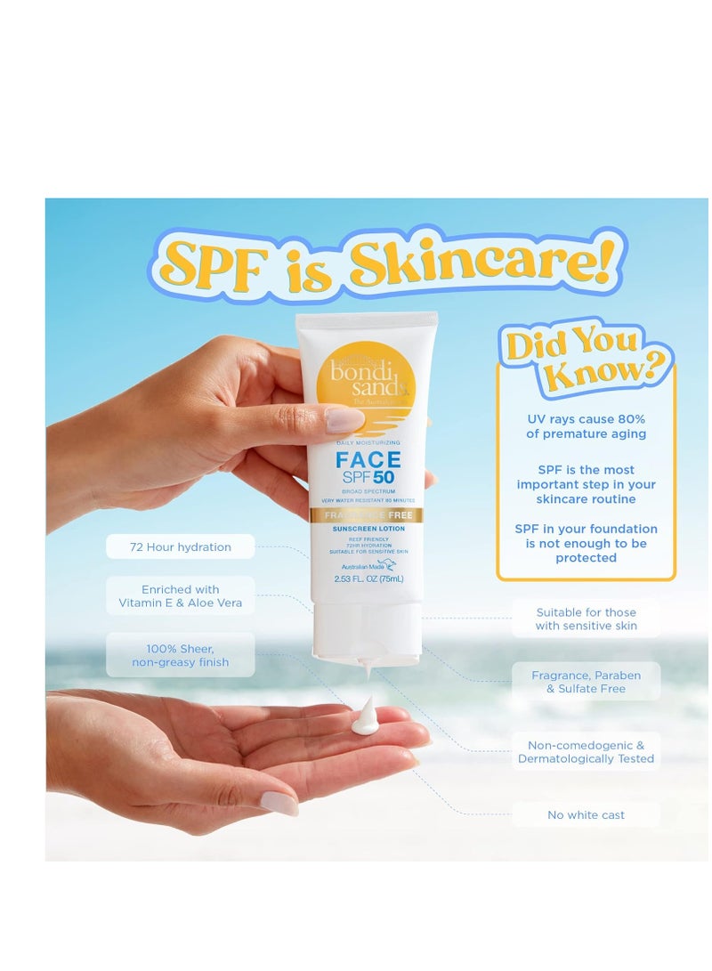 Bondi Sands Fragrance Free Daily Sunscreen Face Lotion SPF 50 | Hydrating UVA + UVB Protection, Non-Greasy, Gentle, Water Resistant | 2.53 Oz/75 mL