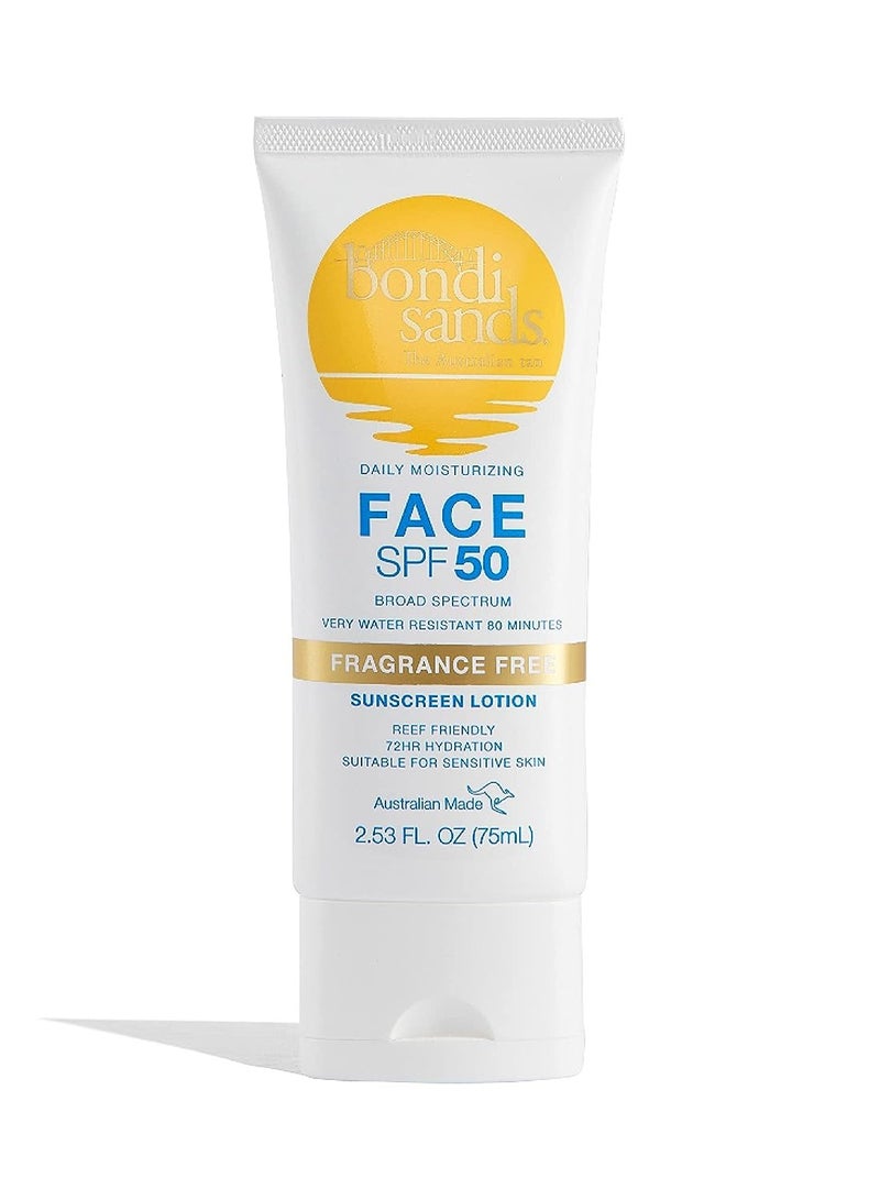 Bondi Sands Fragrance Free Daily Sunscreen Face Lotion SPF 50 | Hydrating UVA + UVB Protection, Non-Greasy, Gentle, Water Resistant | 2.53 Oz/75 mL