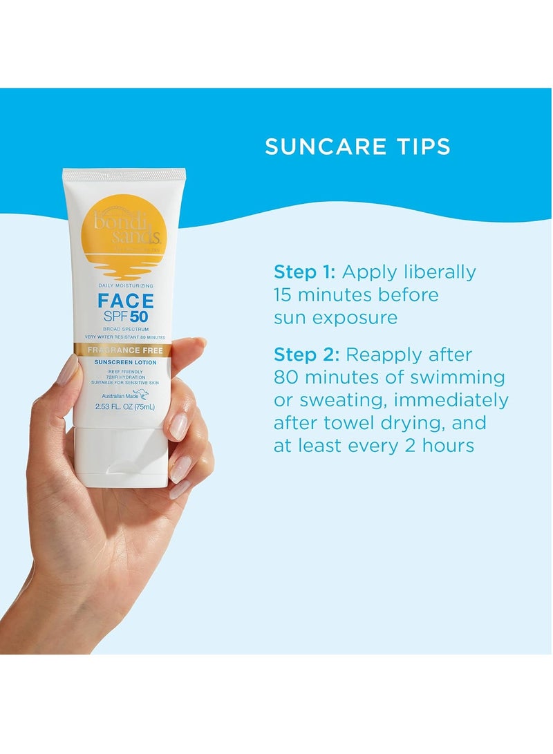 Bondi Sands Fragrance Free Daily Sunscreen Face Lotion SPF 50 | Hydrating UVA + UVB Protection, Non-Greasy, Gentle, Water Resistant | 2.53 Oz/75 mL