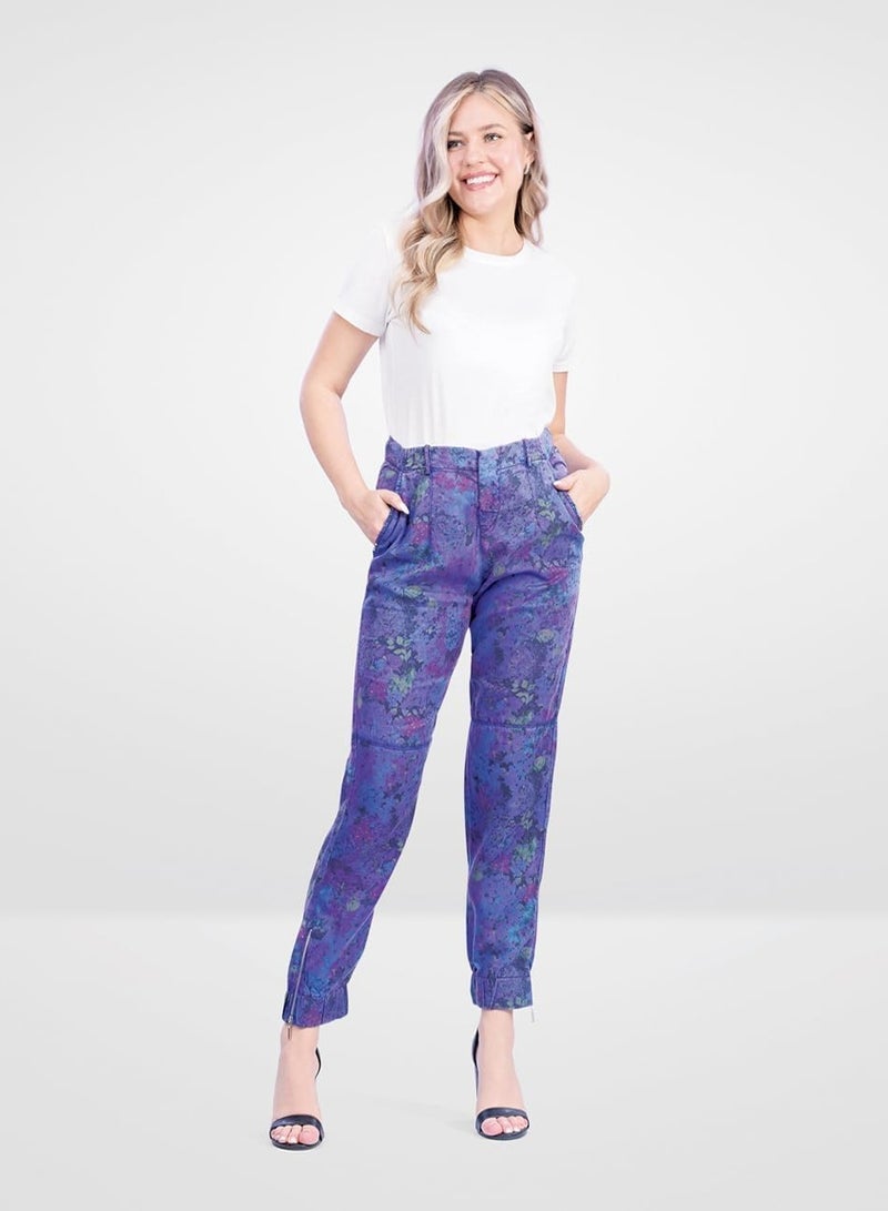 Web Denim Flower Printed High Waist Fashionable Jogger Pants Stretchable Comfort Fit Casual 100% Tencel Pant with Pockets For Women’s